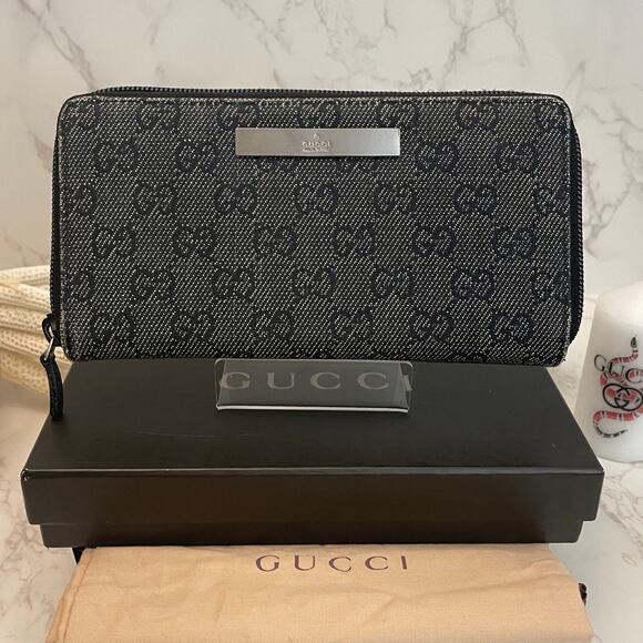 Gucci Handbags - GUCCI VINTAGE GG Monogram BLACK DENIM Zip Around Wallet, Box, Dust Bag EUC